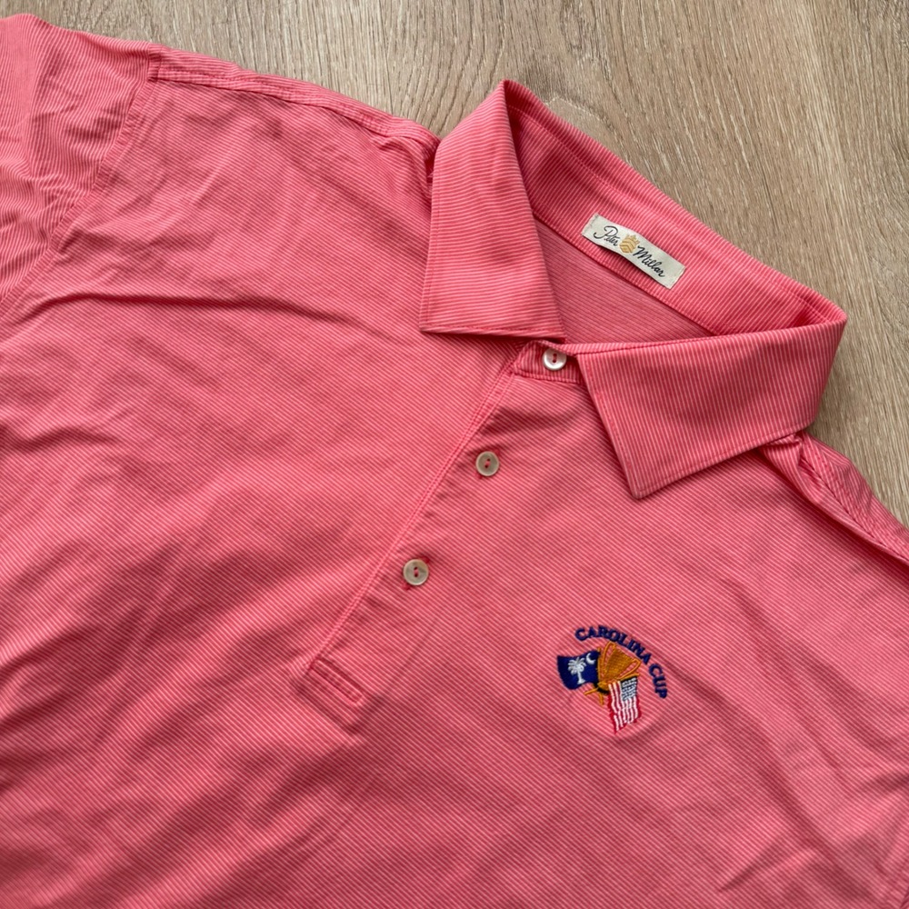 Peter Millar Carolina Cup Polo Shirt Mens XL Salmon Striped Mercerized Cottonn